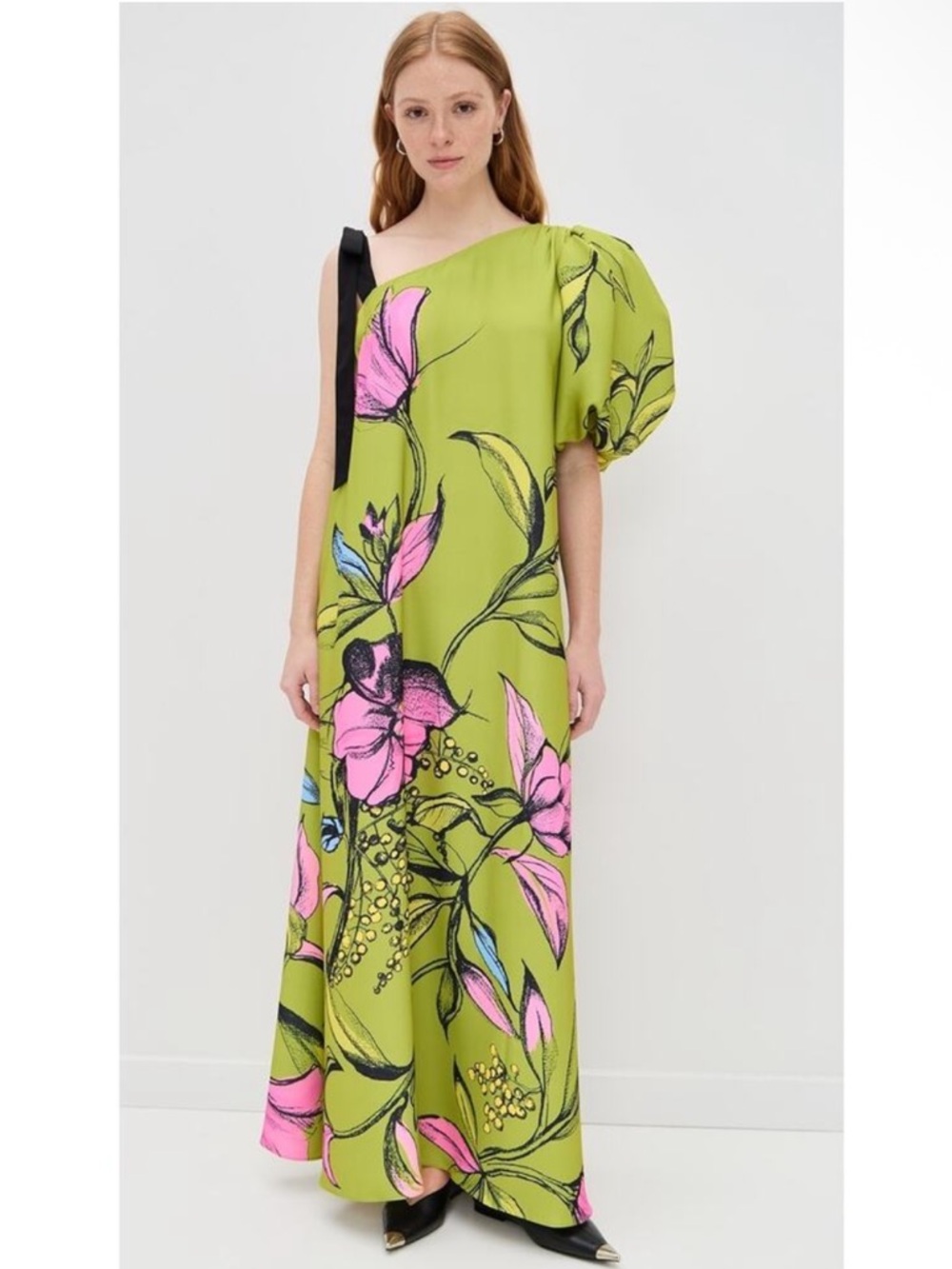 Stine Goya green One Sleeve Maxi Dress with Bow Strap small